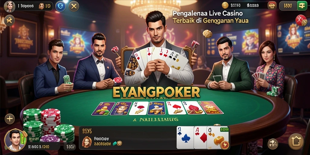 Screenshot gameplay EYANGPOKER menunjukkan dealer profesional dan suasana kasino yang dinamis.