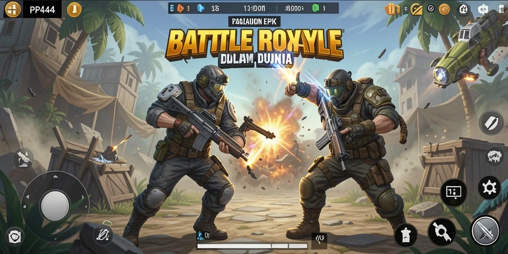 Screenshot PP444 menampilkan aksi pertarungan Battle Royale yang mendebarkan.