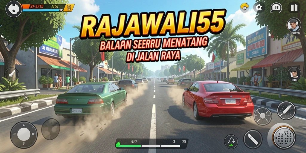 Gameplay seru RAJAWALI55 dengan mobil balap dan trek menantang.