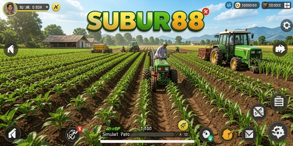 Screenshot permainan SUBUR88 menampilkan aktivitas pertanian yang dinamis.