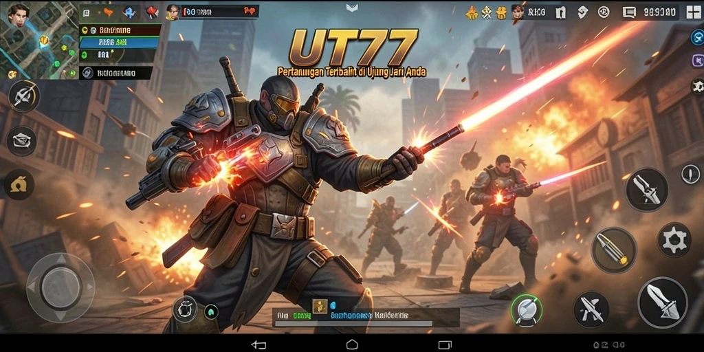 Screenshot utama UT77 menampilkan pertarungan mendebarkan antara karakter yang kuat.